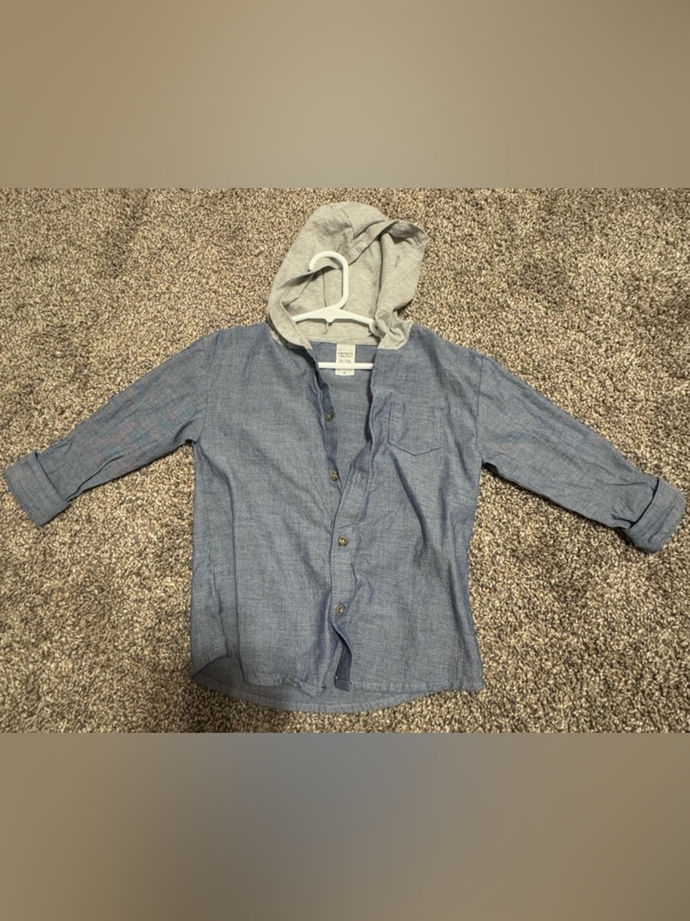 Carter's Blue Chambray Button-Up with Gray Hood